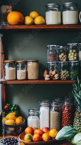 A vegan gluten-free grocery haul with fresh produce legumes and plant-based milk.