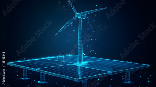A glowing wireframe illustration of solar panels and a wind turbine, symbolizing renewable energy, sustainability, and advanced technology
