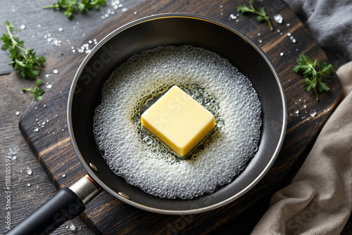 Butter melting in a frying pan with bubbles and herbs.