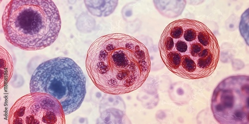 Leukemia observed in human blood cells under a microscope at 1000x magnification, highlighting the distinct features of leukemia in the cellular structure of human blood samples.