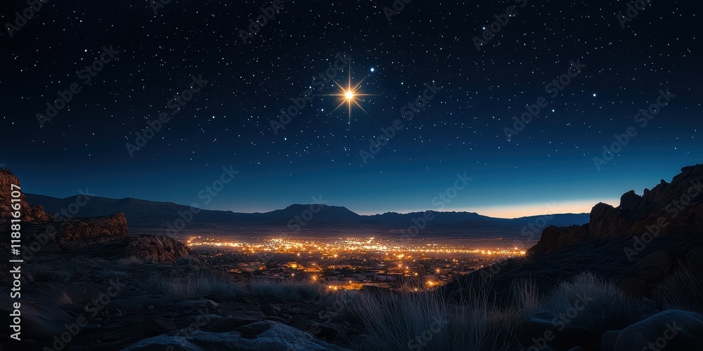 Obraz premium A serene view of the Star of Bethlehem shining over a quiet desert landscape on Christmas Eve