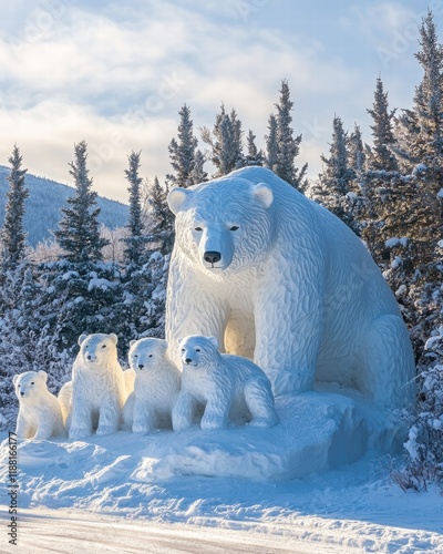 A serene winter scene with a large snow sculpture of a polar bear and cubs surrounded by snowy trees photo