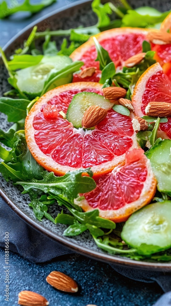 A vibrant salad with arugula grapefruit slices and roasted almonds. A vibrant salad with arugula grapefruit slices and roasted almonds.