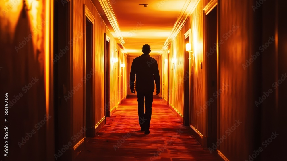 Obraz premium Mysterious Figure Walking Down Hotel Corridor at Night