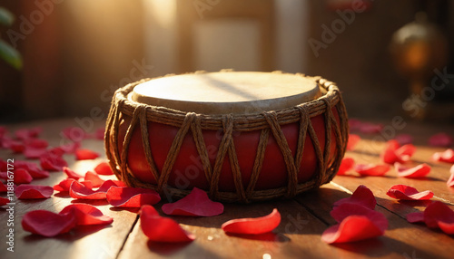 Traditional Indian Dhol Drum with Rose Petals photo