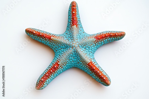 Top view of a turquoise and red starfish on a white background, captured in high resolution. photo