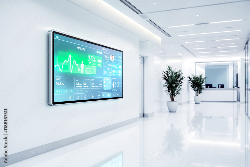 Digital dashboard in modern office hallway with plants and bright white interior. Digital dashboard in modern office hallway with plants and bright white interior.