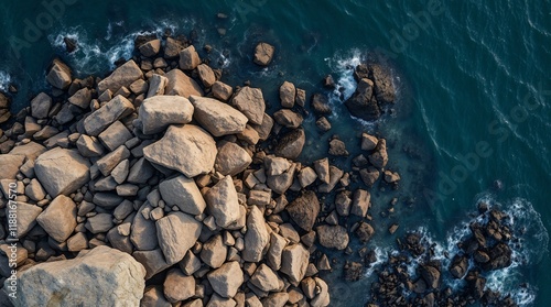 A dramatic aerial shot capturing ocean waves meeting a rugged rocky coastline, featuring large boulders and exciting sea movements, invoking power, stability, and the raw beauty of nature photo
