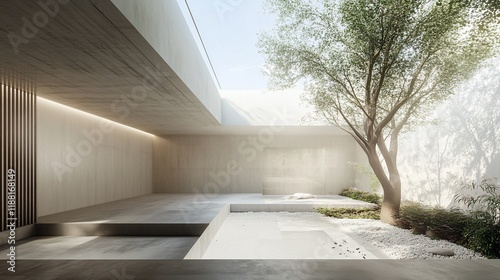 A serene architectural space featuring minimalistic design and a central tree.