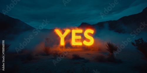 Illuminated message of affirmation lights up the desert landscape during twilight hours photo