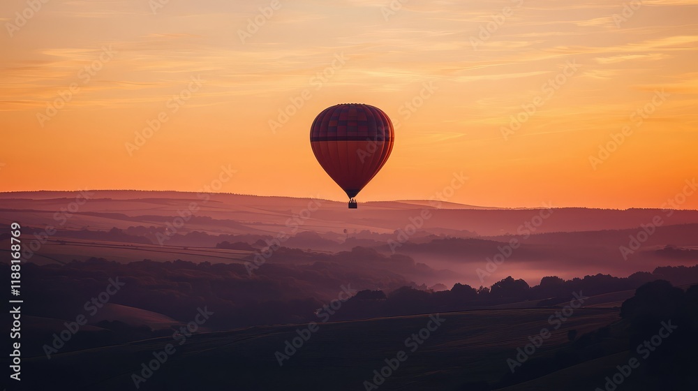 Obraz premium Colorful Hot Air Balloon Soaring in Vibrant Sunset Sky Over Hills