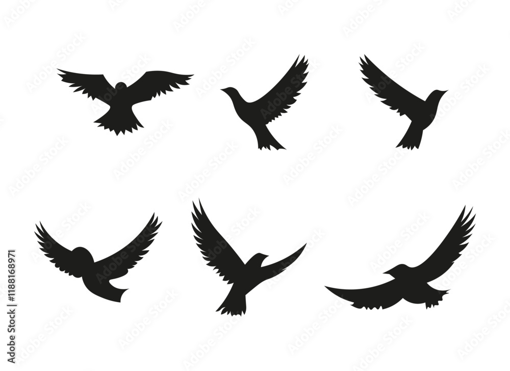 a set of six graphics of birds. minimalist silhouette vector graphic on white background. a set of six graphics of birds. minimalist silhouette vector graphic on white background.