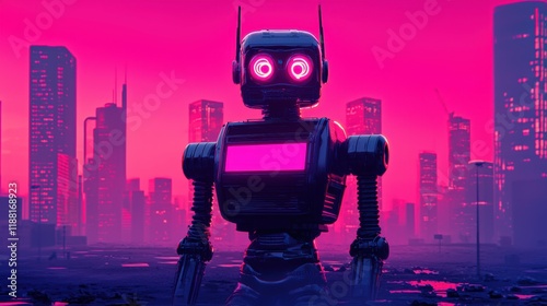 Futuristic Robot in Neon Cityscape with Purple Sky and Urban Background