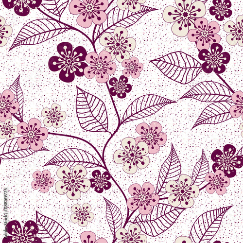 Seamless pattern with hand drawm branches and leaves and cherry flowers on a transparent background. Floral organic background. For textiles, wallpaper and packaging.