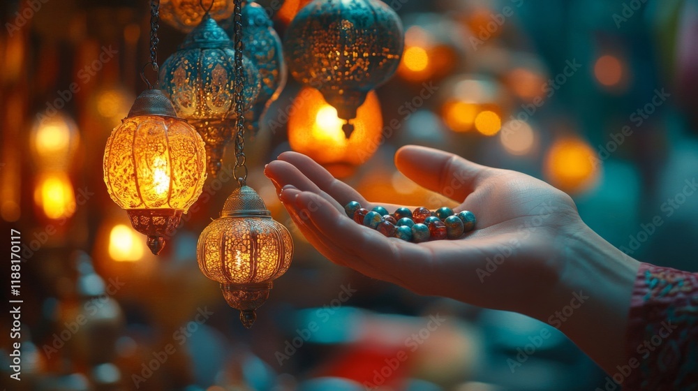 Hand holds colorful beads near glowing lanterns