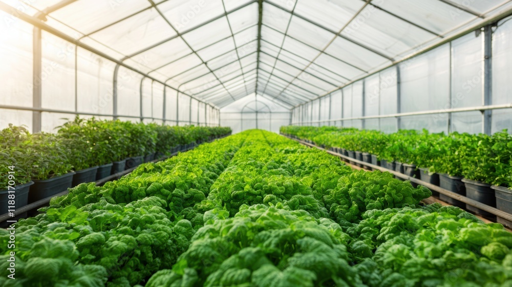 Lush Green Lettuce Rows in a Bright Greenhouse Setting Lush Green Lettuce Rows in a Bright Greenhouse Setting