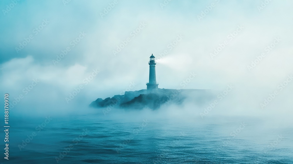 Fototapeta premium Misty Lighthouse Standing Tall in a Foggy Seascape at Dawn