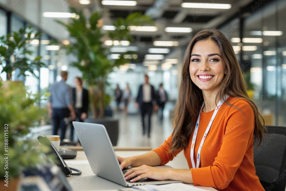 Businesswoman smiling at desk in office environment with greenery and colleagues in background. Businesswoman smiling at desk in office environment with greenery and colleagues in background.