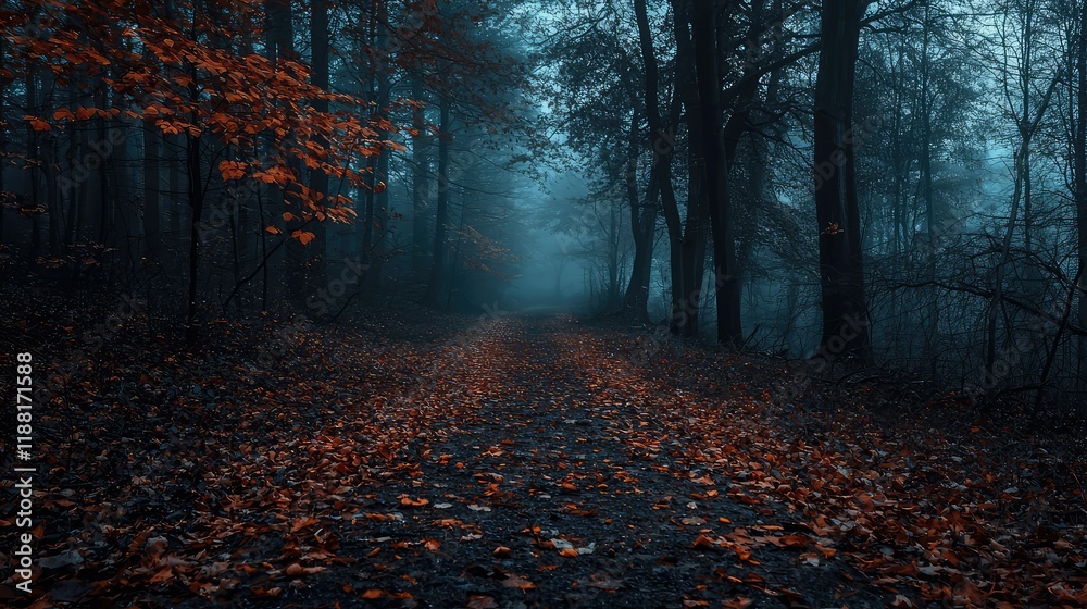 Fototapeta premium Misty Forest Path with Autumn Leaves and Mysterious Atmosphere