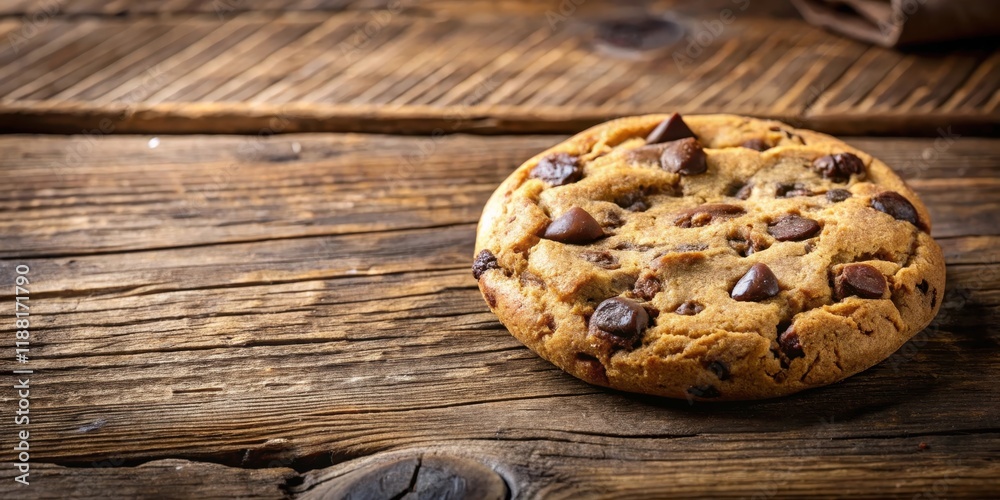 Crunchy cookie with melted chocolate chips on a rustic wooden table , dessert, crunchy cookie Crunchy cookie with melted chocolate chips on a rustic wooden table , dessert, crunchy cookie