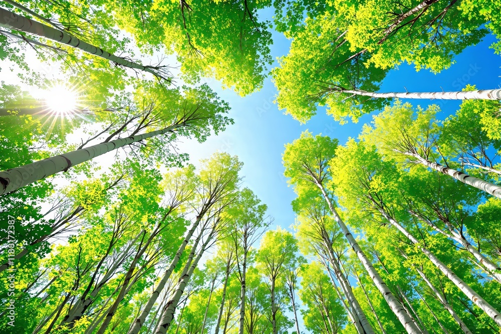 Naklejka premium Bright green treetops with sunlight shining through and blue sky in background.