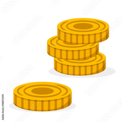 stacked golden coins with one coin on the side, flat graphic style, set against a white background, concept of wealth