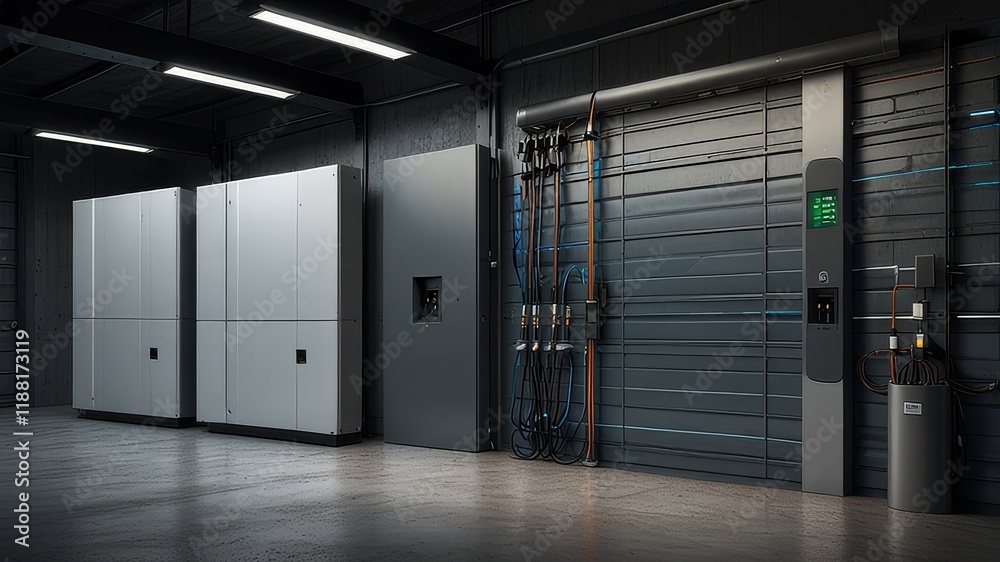 Concept of a home battery packs alternative electric energy storage system at modern home garage wall as backup or sustainable energy concepts. Concept of a home battery packs alternative electric energy storage system at modern home garage wall as backup or sustainable energy concepts.