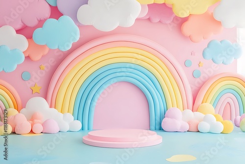 Children 3d rainbow background, baby sale showroom fashion banner. Podium and clouds, liquid abstract 3d shapes and balls, pithy vector