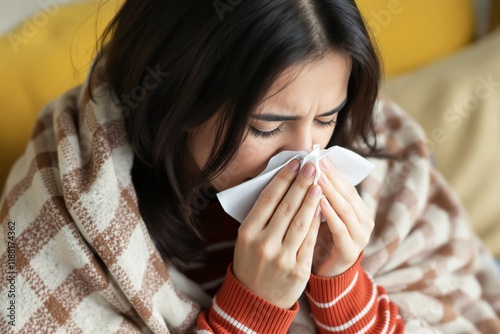 Woman wrapped in blanket blowing nose in tissue, indoors, cozy atmosphere.