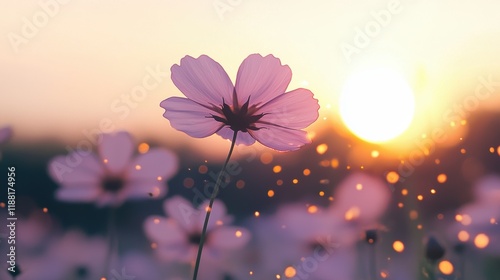 Beautiful Pink Flower Against Sunset with Soft Light and Bokeh Effect