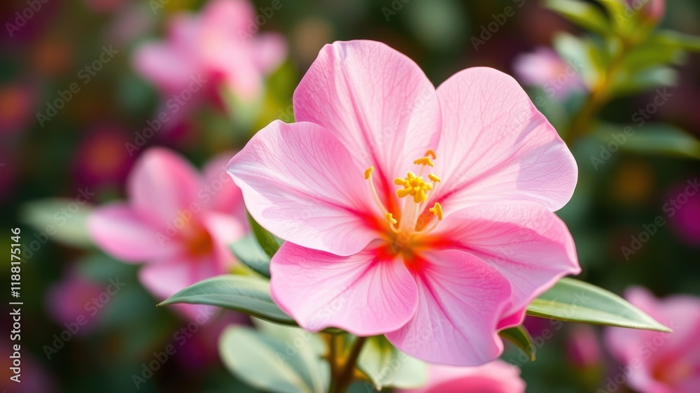 A Delicate Pink Flower with Yellow Stamens in Full Bloom, Surrounded by Lush Green Foliage A Delicate Pink Flower with Yellow Stamens in Full Bloom, Surrounded by Lush Green Foliage