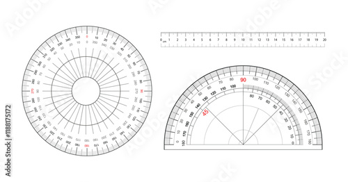 Measuring tool set with round protractors scale and degrees measure metric rulers