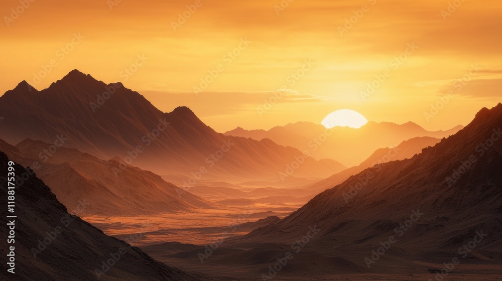 Naklejka premium Serene Sunset Over Mountainous Landscape with Golden Sky