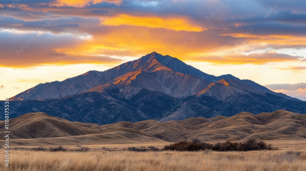 Obraz premium Majestic Mountain Landscape with Dramatic Sunset Over Prairie