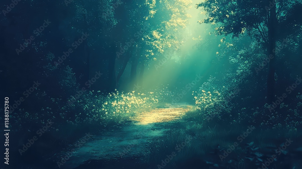 Fototapeta premium Enchanted Forest Path with Sunlight and Mystical Atmosphere