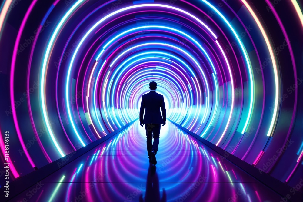 Businessman walking through a tunnel with vibrant neon lights in blue and pink tones. Businessman walking through a tunnel with vibrant neon lights in blue and pink tones.