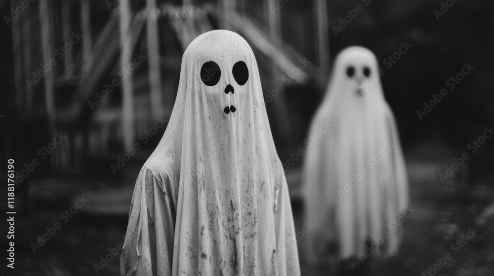 Mysterious Ghosts in White Sheets Haunting Abandoned Playground Mysterious Ghosts in White Sheets Haunting Abandoned Playground