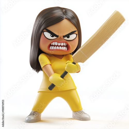 3D Humorous Indian Woman Face Emoji, Transparent, Gripping Cricket Bat with Anger..