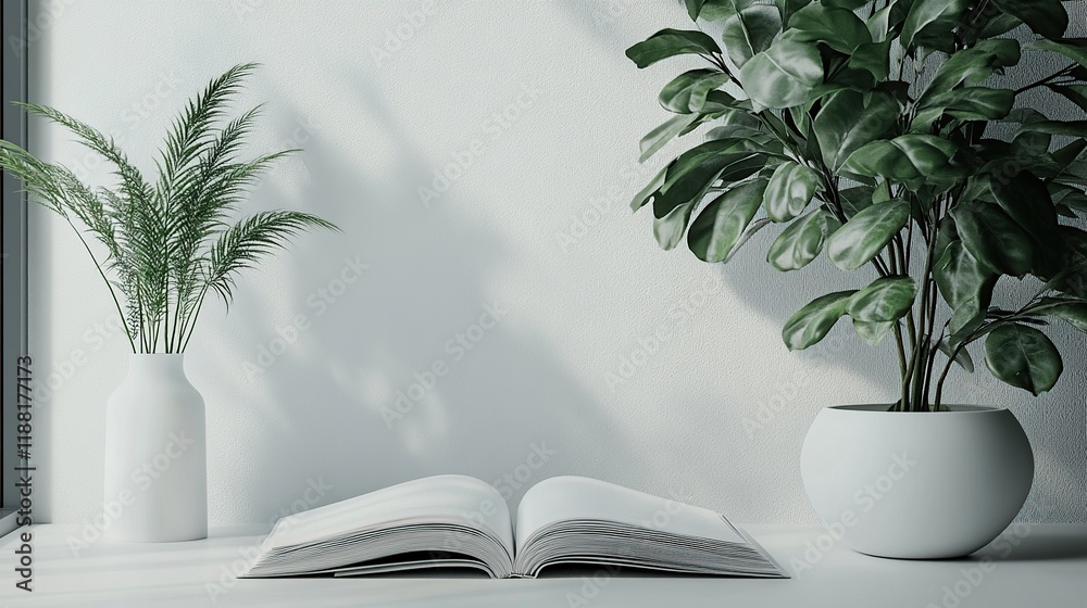 Open book on white table with plants and sunlight. Open book on white table with plants and sunlight.