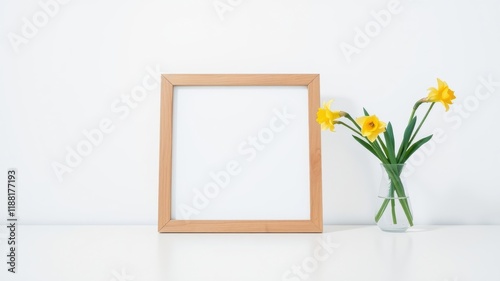 A simple wooden frame sits on a white surface with a vase of yellow daffodils next to it.