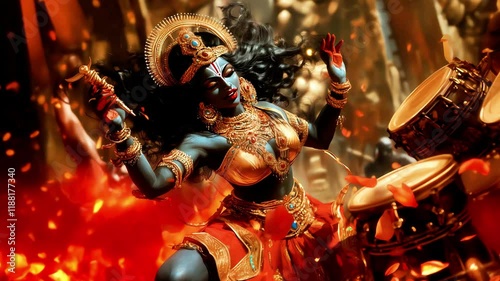 Goddess Kali with a Percussion Instrument Surrounded by Falling Rose Petals, Symbolizing Power, Spirituality, and Devotion
