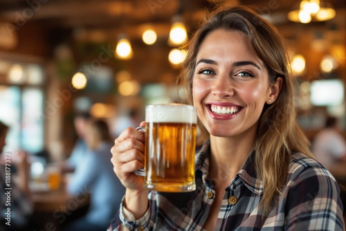 Woman smiling with a beer mug in a cozy pub setting illuminated by warm, bright lights. photo