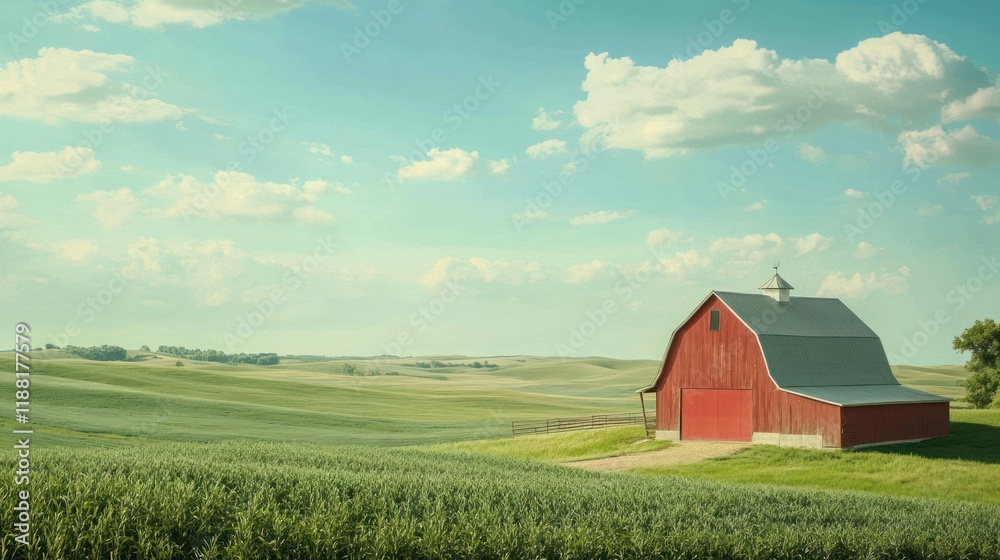 Red Barn in Rolling Green Fields Under a Blue Sky Red Barn in Rolling Green Fields Under a Blue Sky