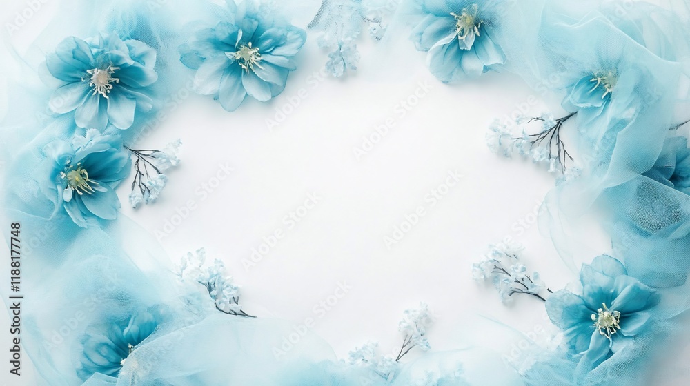 A serene arrangement of blue flowers and tulle, creating a calming decorative frame. A serene arrangement of blue flowers and tulle, creating a calming decorative frame.