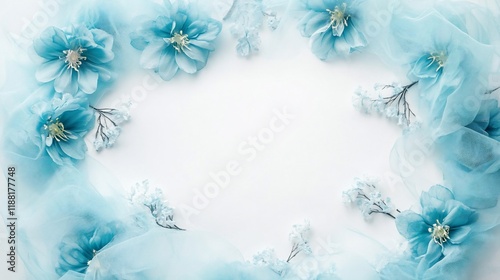 A serene arrangement of blue flowers and tulle, creating a calming decorative frame.