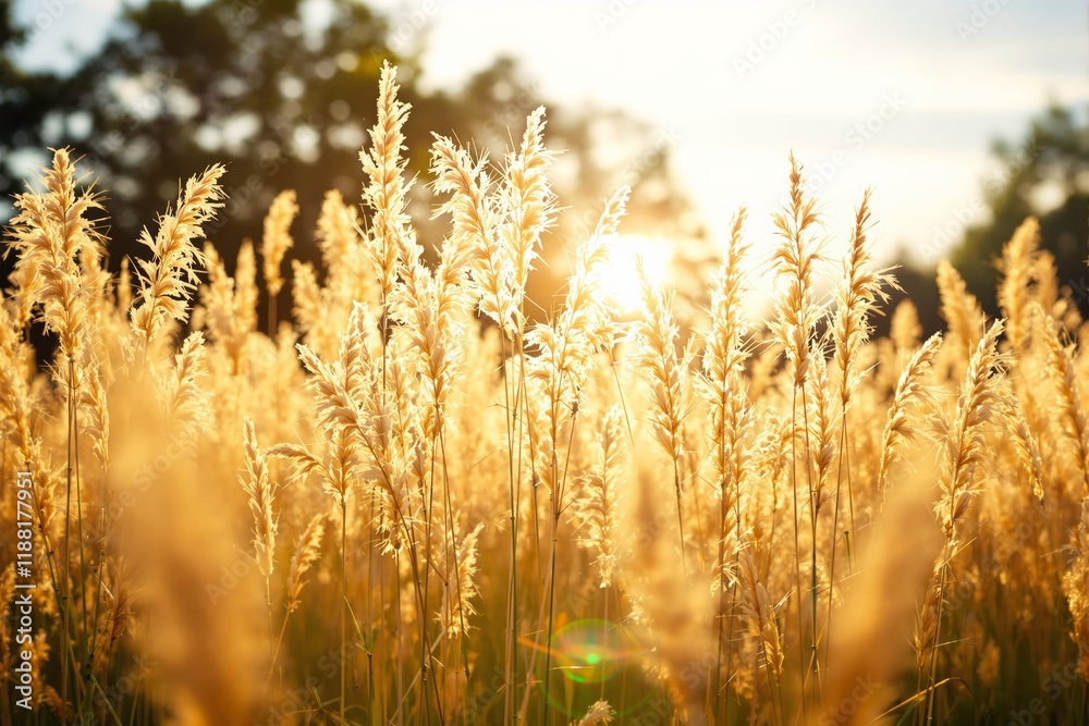 Fototapeta premium Golden wheat field glowing in warm sunlight on a summer day.