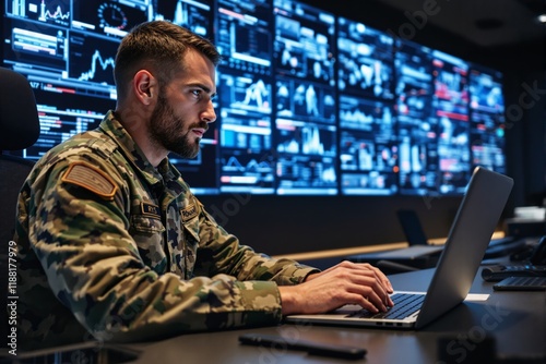 Military personnel working on laptop in cybersecurity operations center with digital data displayed on multiple screens in a dark background. photo