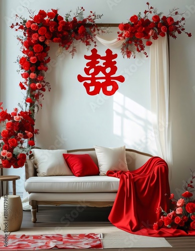 Red floral wedding arch, studio setup. photo