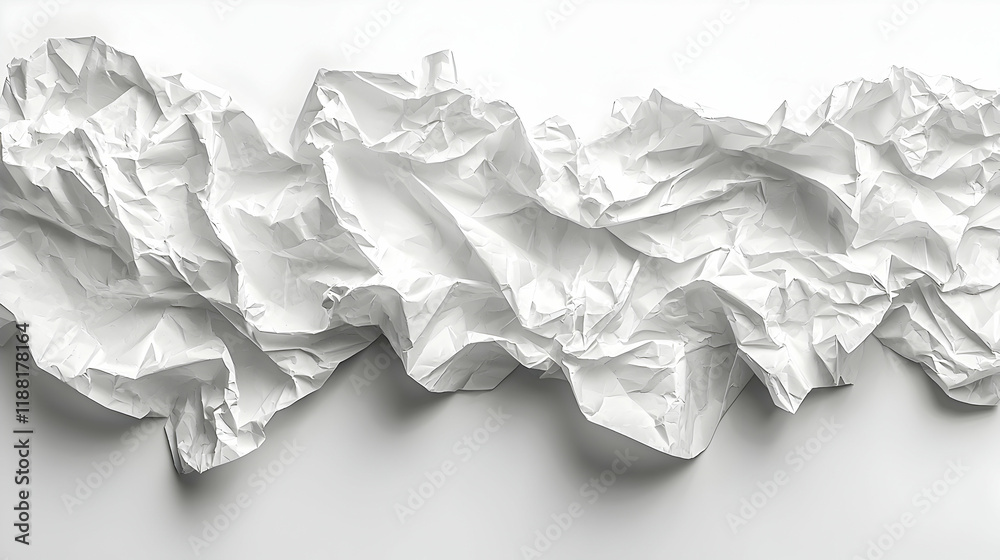 Crumpled white paper texture, abstract design, studio shot, bright background, graphic design element