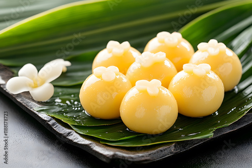 A vibrant display of yellow-shaped desserts arranged on a green leaf, showcasing an elegant presentation with a decorative flower photo